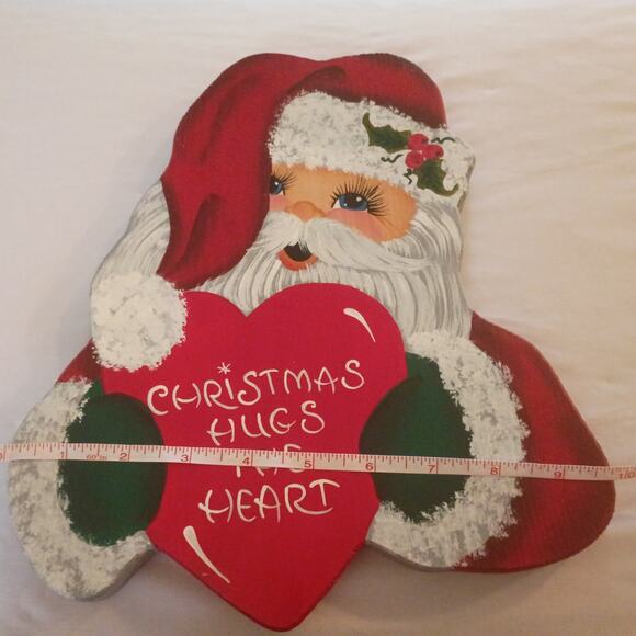 Santa Clause Christmas Wooden Hand Painted Wall Hanger Christmas Hugs the Heart - Picture 4 of 5